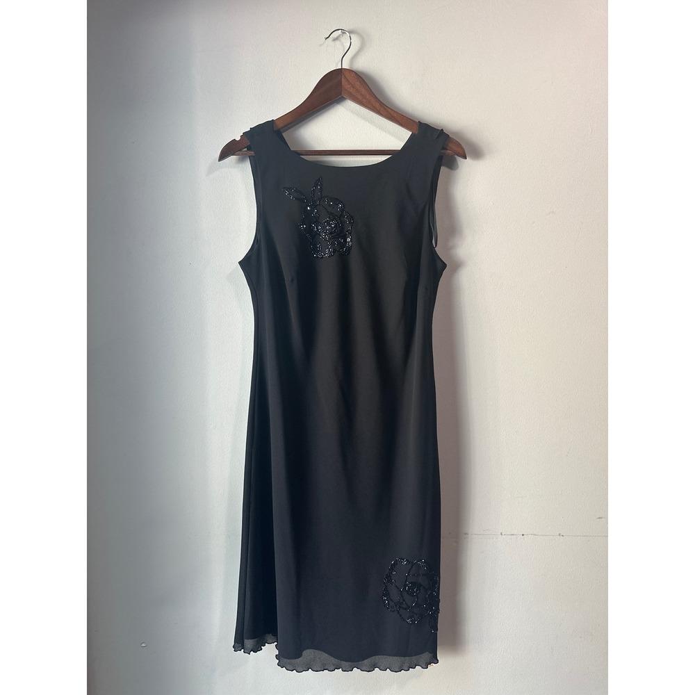 Robbie Bee Black Beaded Floral Cowl Back Shift Dress Size 12 LBD